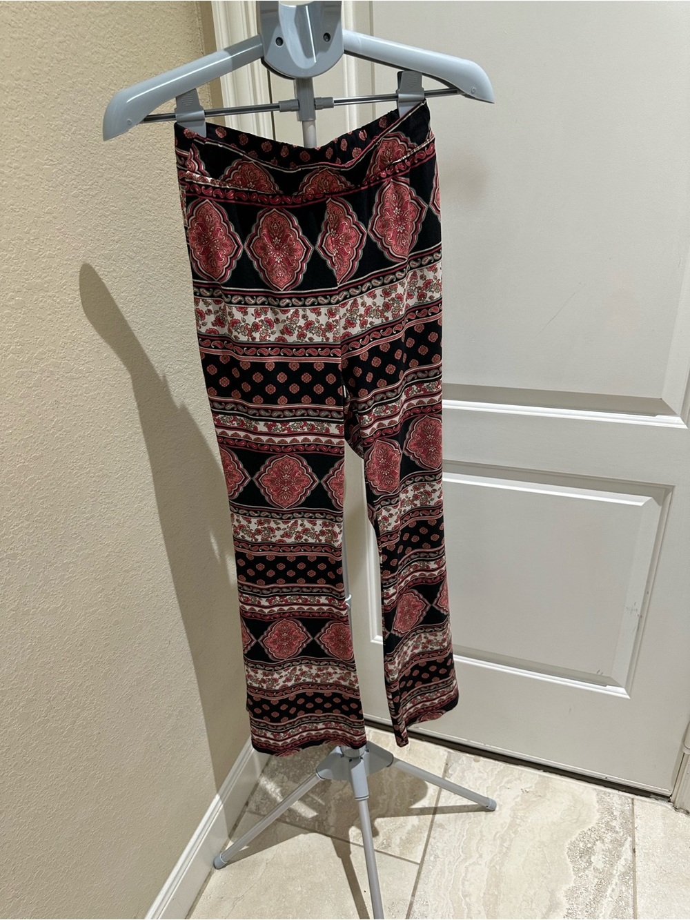 Boho-Patterned Boot Cut Pants - Black & Pink